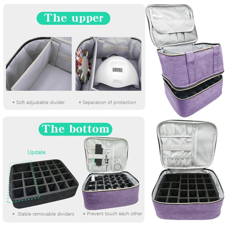 VVWAYSE Nail Polish Organizer and Nail Lamp Case, Nail Kit Organizer Holds 30 Bottles and Nail Lamp, Updated-slots, Weight Capacity with Handle, Heart Shaped Two-way Zipper (Purple)