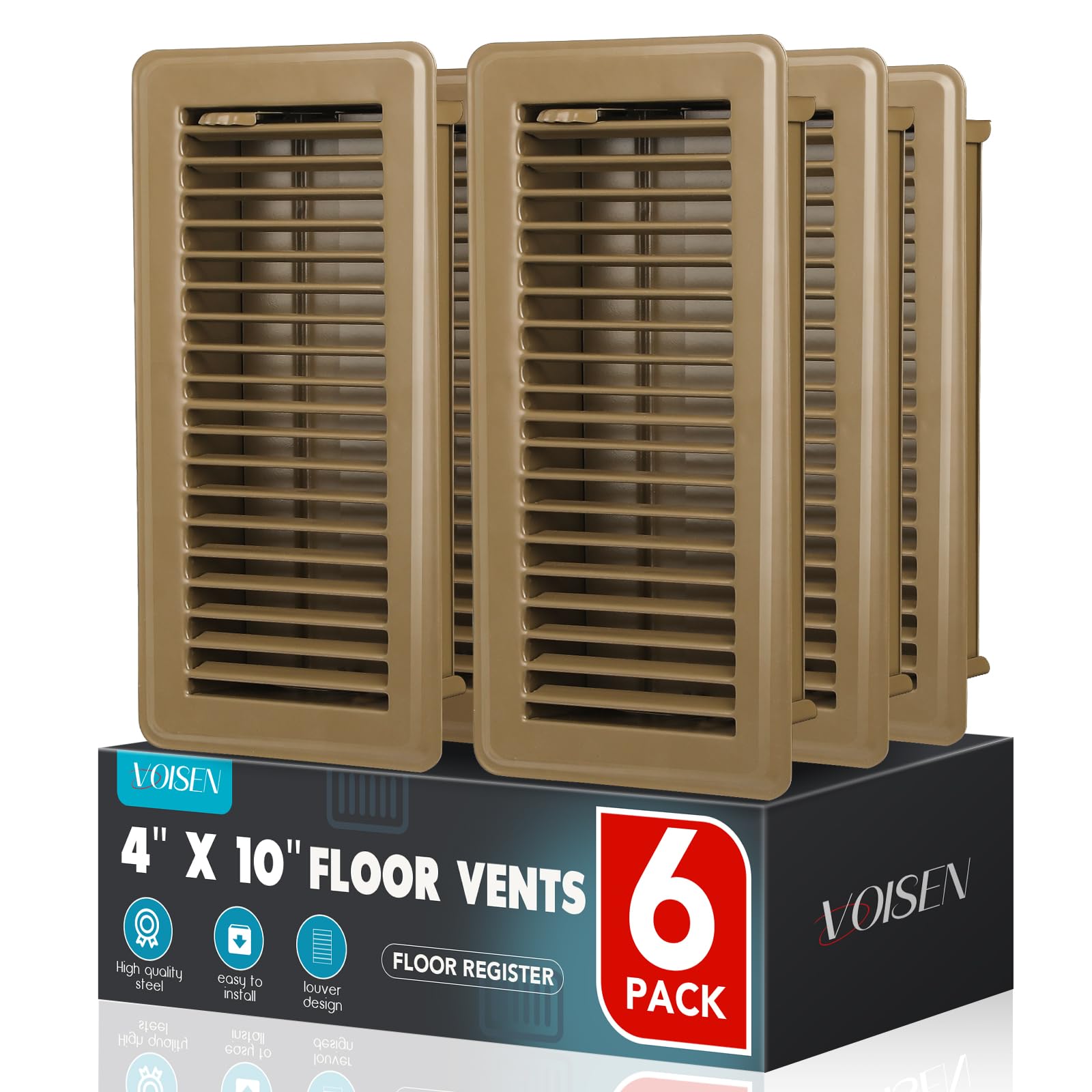 VOISEN Floor Register 4x10, 6 Pack Brown Floor Vent Covers, Heavy Duty Steel Walkable Floor Vents,Vent Covers for Home Floor