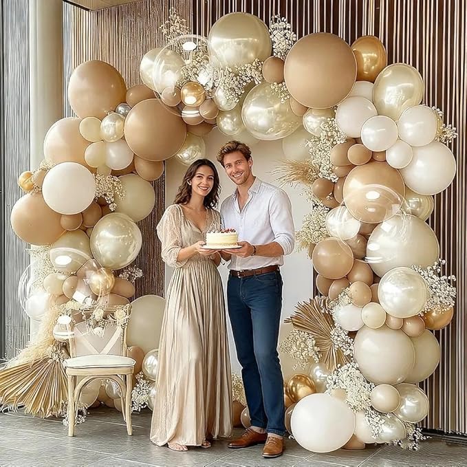 White Sand Gold Balloon Garland, Double Stuffed Pearl White Gold Cream Beige Balloons Clear Bobo Latex Balloon Arch Kit for Wedding Bridal Shower Birthday Baby Shower Gender Reveal Party Decorations