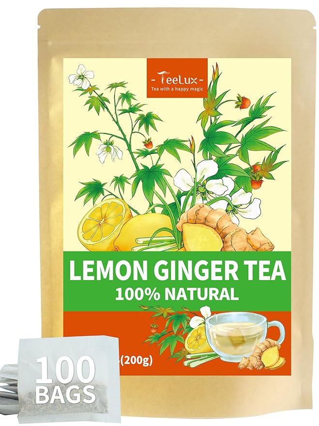 TeeLux Lemon Ginger Herbal Tea, Refreshing Lemon with Spicy Ginger Root & Zesty Lemongrass, Caffeine Free, Soothing & Tangy Flavor, 100 Tea Bags