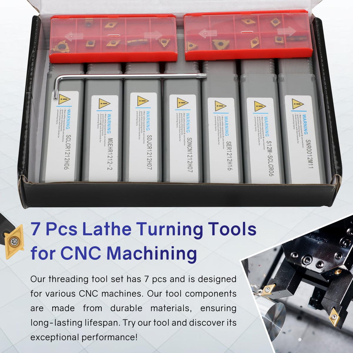 Indexable Lathe Turning Tool 21Pcs Kit 1/2'' 12mm Shank 7 Pcs Metal Lathe Tool Holder Set with 14 Pcs Turning Inserts for Turning Grooving Threading Boring Carbide Inserts Carbide Turning Tool