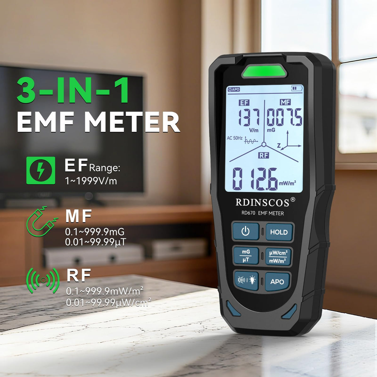 EMF Meter 5G RF Detector – Electric, Magnetic & Radio Frequency Field Tester up to 10GHz, Multi-Sensor EMF Detector for Power Lines, WiFi/Cell Phones, Smart Meters – LCD Display Sound & LED Alerts