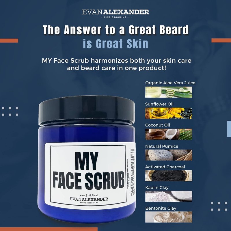 Evan Alexander Grooming MY Face Scrub - Exfoliating Men's Face Scrub - Helps Against Skin Irritation All-Natural Exfoliator Scrubs with Pumice, Bentonite Clay and Kaolin Clay - 4 oz