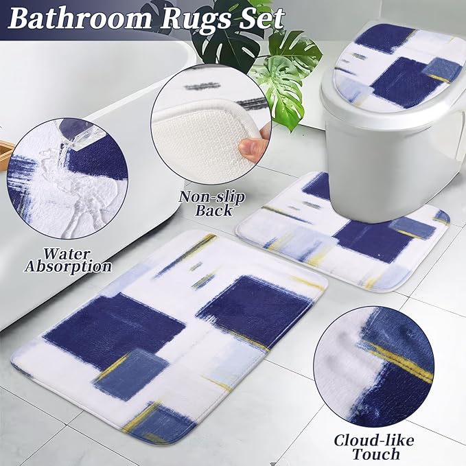 Bathroom Set - Navy Blue and Gold Bathroom Accessories Set, Bathroom Sets with Shower Curtain and Rugs, Blue Shower Curtain Set with Bathroom Trash Can, Soap Dispenser,Soap Dish for Home Decor