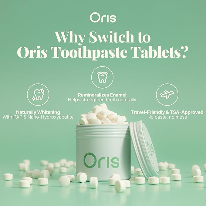 Oris Natural Toothpaste Tabs - Bite Toothpaste Tablets for Sensitive Teeth, TSA-Approved Plastic-Free & Kid-Friendly Zero Waste Travel Tabs - 62ct (Peppermint)