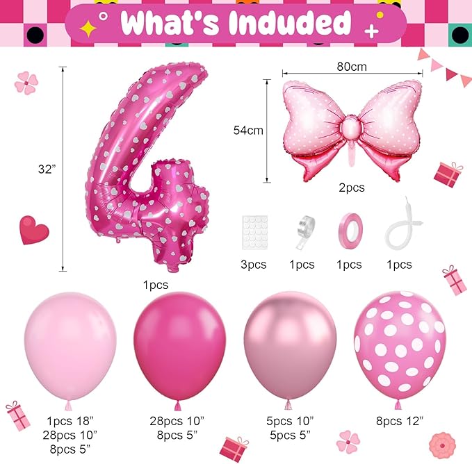 Pink 4th Birthday Balloons Decorations, Hot Pink Rose Polka Dots Balloon Arch Kit, Huge Bow Foil Balloons, pink Number 4 Balloon Tower for Baby Shower Girls Princess 4th Theme Party