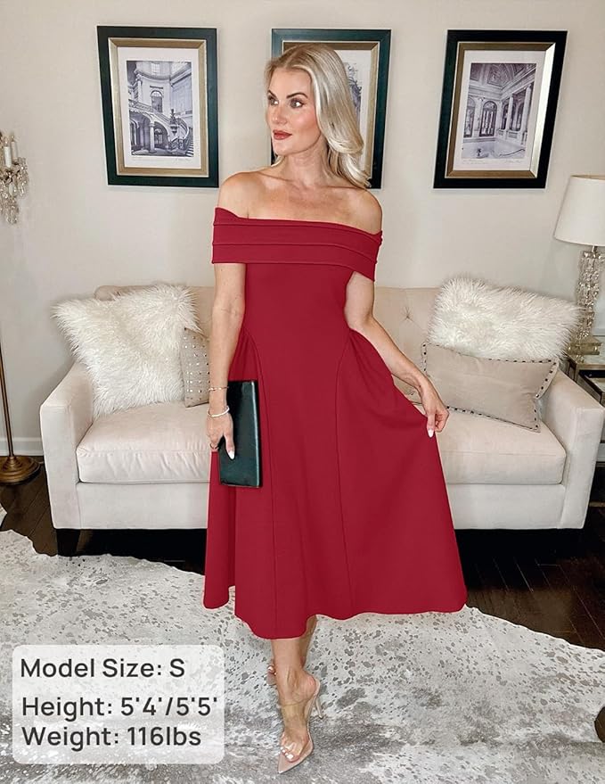 ZESICA Summer 2026 Cocktail Dresses for Women's Off Shoulder Short Sleeve Swing A Line Wedding Evening Party Midi Dress