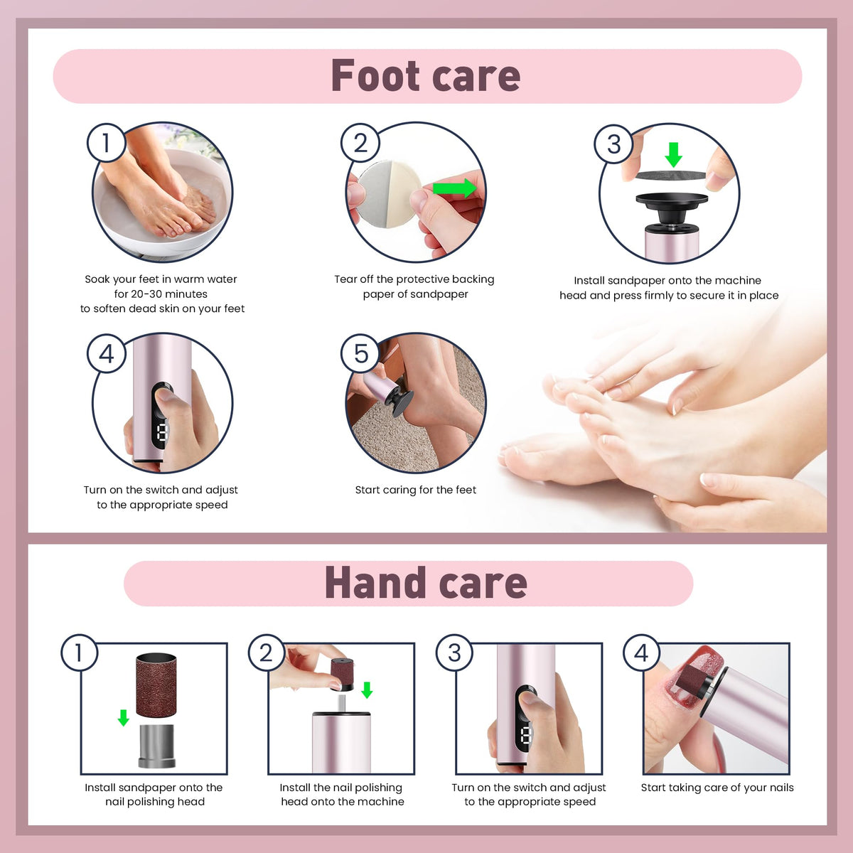 Electric Foot Callus Remover,2 in1 Rechargeable Callus Remover for Feet,9-Speed Cordless Electric Foot File Nail Grinder,Foot Scrubber Pedicure Tools for Dead Skin Dry Cracked Feet(Pink Fold)