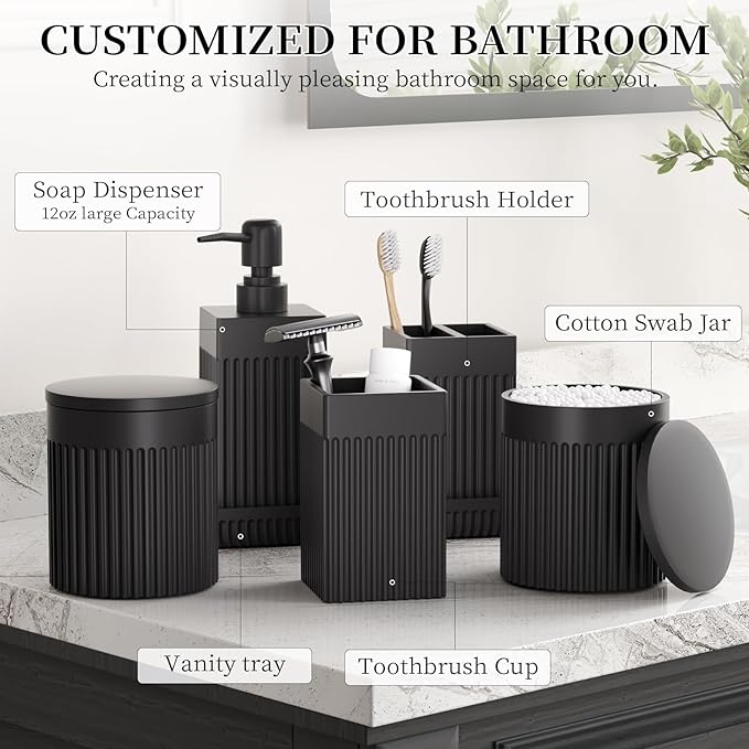 6-Piece Black Bathroom Set - Sleek Resin Organizer with Soap Dispenser, Toothbrush Holder, Vanity Tray, Tumbler & Apothecary Jars for Small Spaces