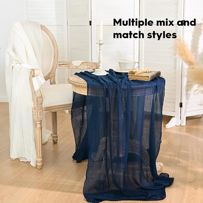 Artoid Mode Boho Cheesecloth Gauze Navy Blue Wedding Table Runner, 120 Inch Seasonal Fabric Kitchen Dining Holiday Table Decor for Home Party Indoor