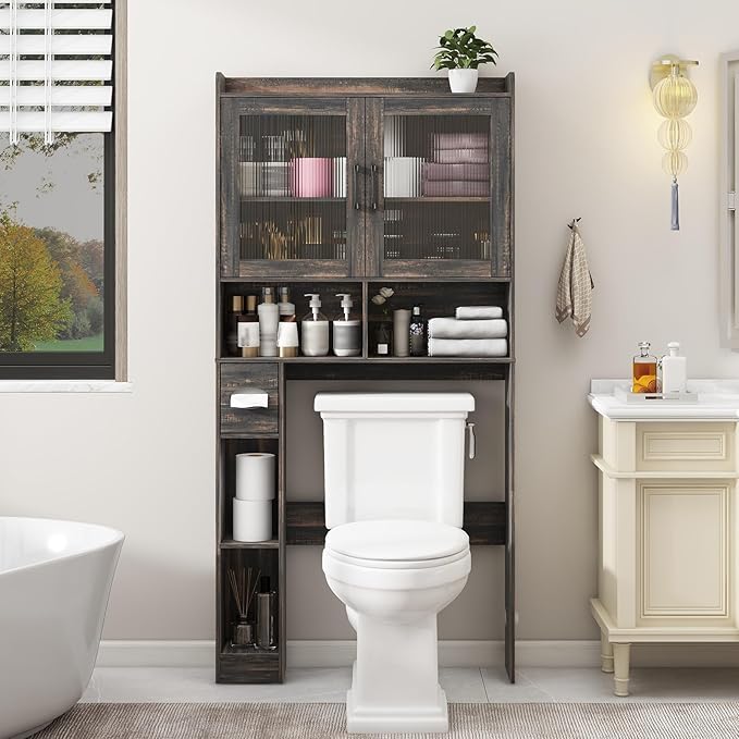 Over-The-Toilet Storage Cabinet, Farmhouse Style with 2 Acrylic Waves Doors, Space-Saving Home Storage Rack for Restroom, Bathroom and Laundry Room