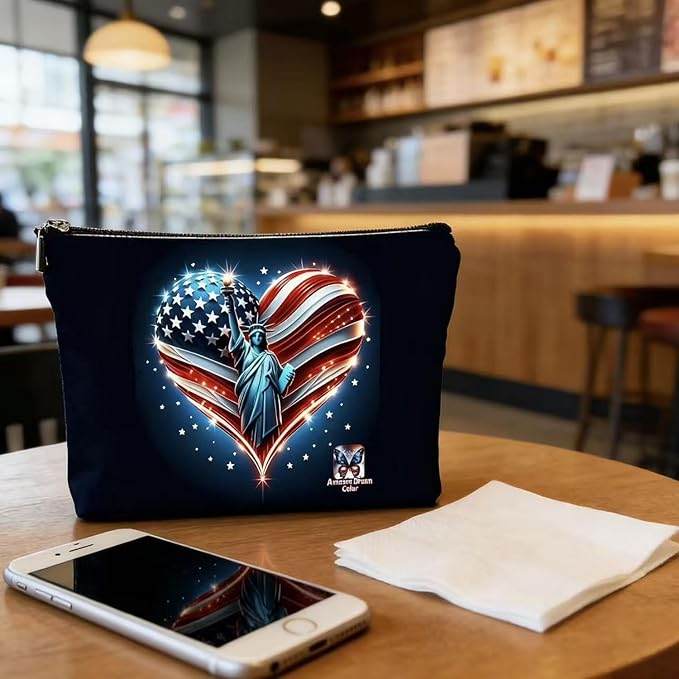 GRITOSE Black Small Bag Freedom America Flag Women Men Supplies with Work Independence Day Accessories Patriotic Toiletry Make up Bags with Zipper for Family Friend July 4th Gift