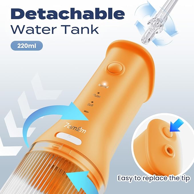 7AM2M Portable Water Flosser Cordless, Water Flosser for Teeth with 3 Modes and 2 Jet Tips, USB C Rechargeable, IPX7 Waterproof, Dental Water Flosser for Travel and Home Use (Orange)