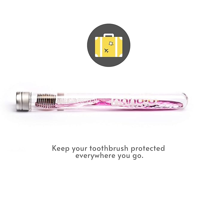Nano-b Manual Toothbrush for Adults with Sensitive Gums, Gold & Charcoal Soft/Medium Bristles, Travel Case, Pink