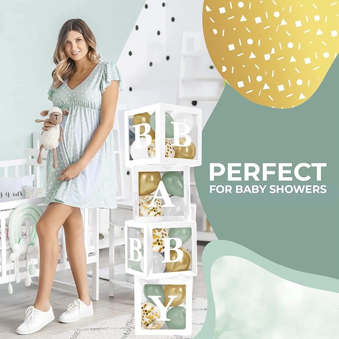 Baby Shower Boxes with Letters – White Boxes with Sage-Green, Gold, Gold Confetti, and White Balloons – 44-Piece Gender Reveal & Party Decoration Set by Vellax