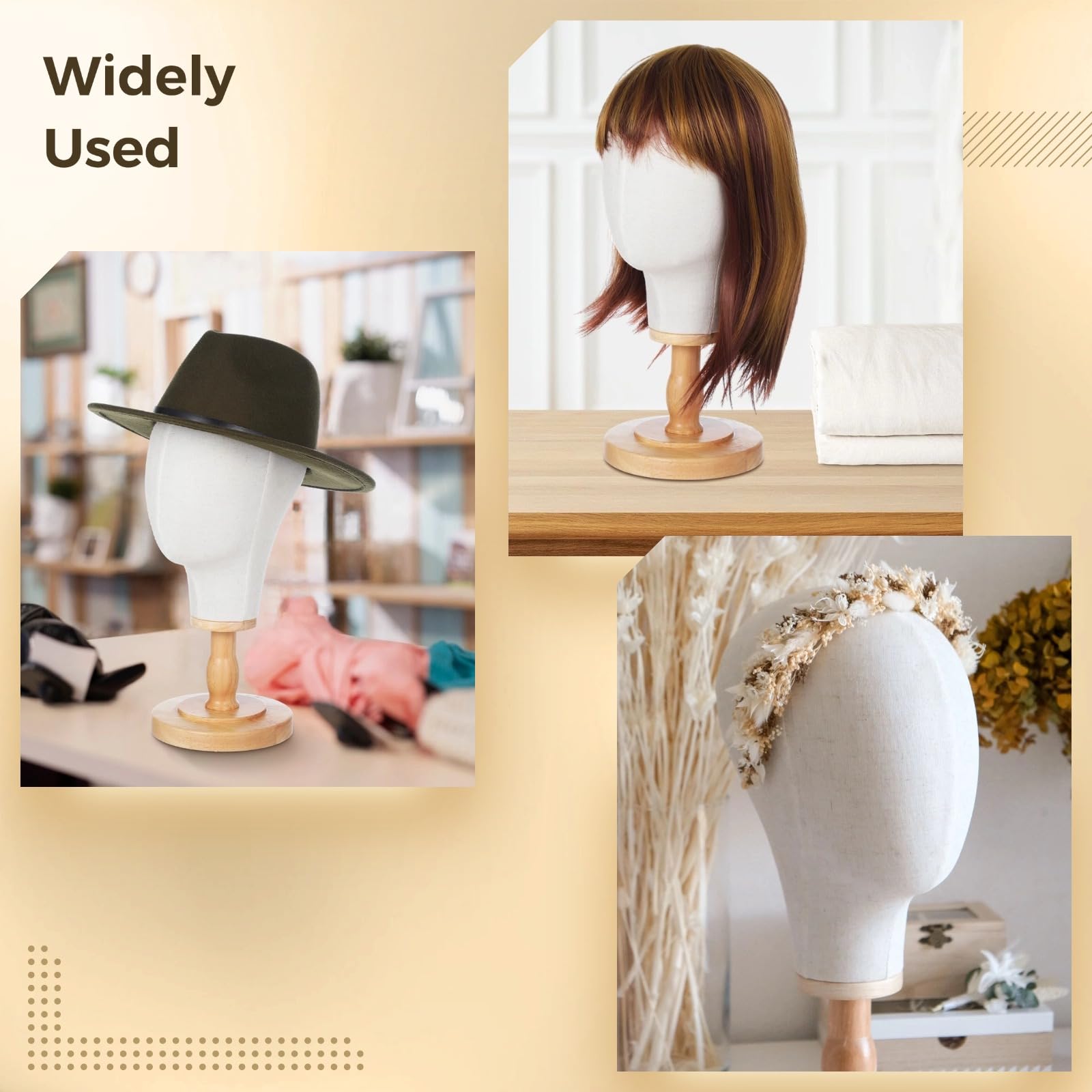 Wig Head Stand Mannequin Head Hat Display Stand Linen Wig Holder - Fabric Head Hat Display Stand, Linen Wig Holder, Canvas Hat Display Rack with Detachable Wood Base for Headdress Headband Headset