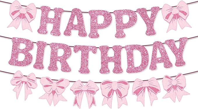 Pink Bow Happy Birthday Banner Garland Bow Birthday Decorations Bow Theme Party Girls Women Birthday Party Decorations Supplies