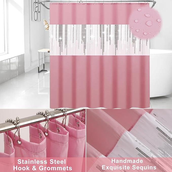 Pink Bathroom Accessories Set Bathroom Set with Sequin Shower Curtain,Towel Set Pink Bathroom Decor with Trash Can