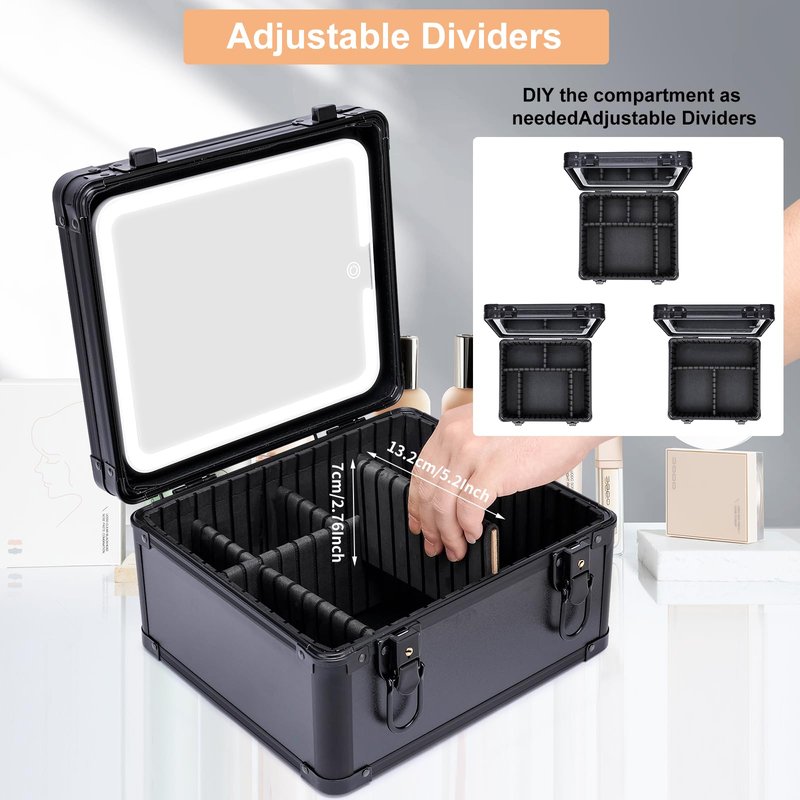 Makeup Box with Led Mirror,Travel Train Hard Case with Rechargeable Lighted Mirror Adjustable Dividers,Cosmetic Organizer Storage Bag for Makeup Artists,Appropriate Gift for Women and Girls,Black