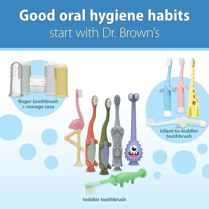 Dr. Brown's 100% Silicone Baby Finger Toothbrush and Toothpaste Set, 2-Pack Toothbrush with Storage Case, Fluoride-Free Strawberry Toddler Toothpaste, Gray & Yellow