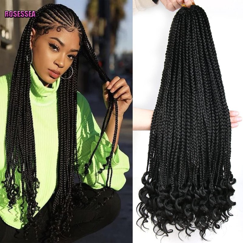 ROSESSEA 6Packs 26 Inch Crochet Braids Box Braids Crochet Hair For Women Black Crochet Braid Hair With Curly Ends Box Crochet Braiding Hair Extensions (26inch, 1B#)