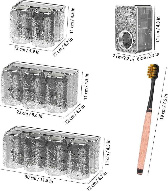 Toothbrush Holders Combo Set for Bathroom，2 Cups Toothbrush Holder Wall Mounted with Organizer，Gift 2 Count Ultra Fine Soft Bristle Crystal Tooth Brush and Wall Mounted Toothpaste Squeezer