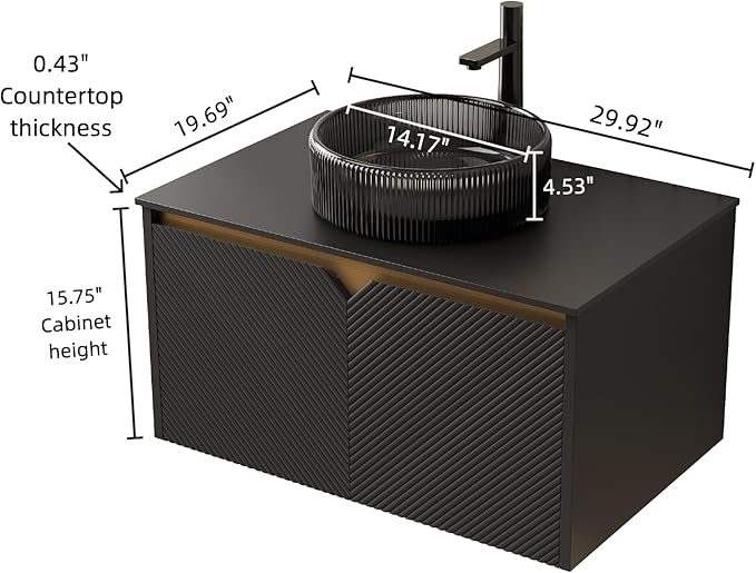30 Inch Bathroom Vanity with Sink, Floating Fluted Vanity with Vessel Sink, Modern Bathroom Vanity Cabinet with 2 Doors with Metal Trim, Round Glass Sink & Sintered Stone Top, Black