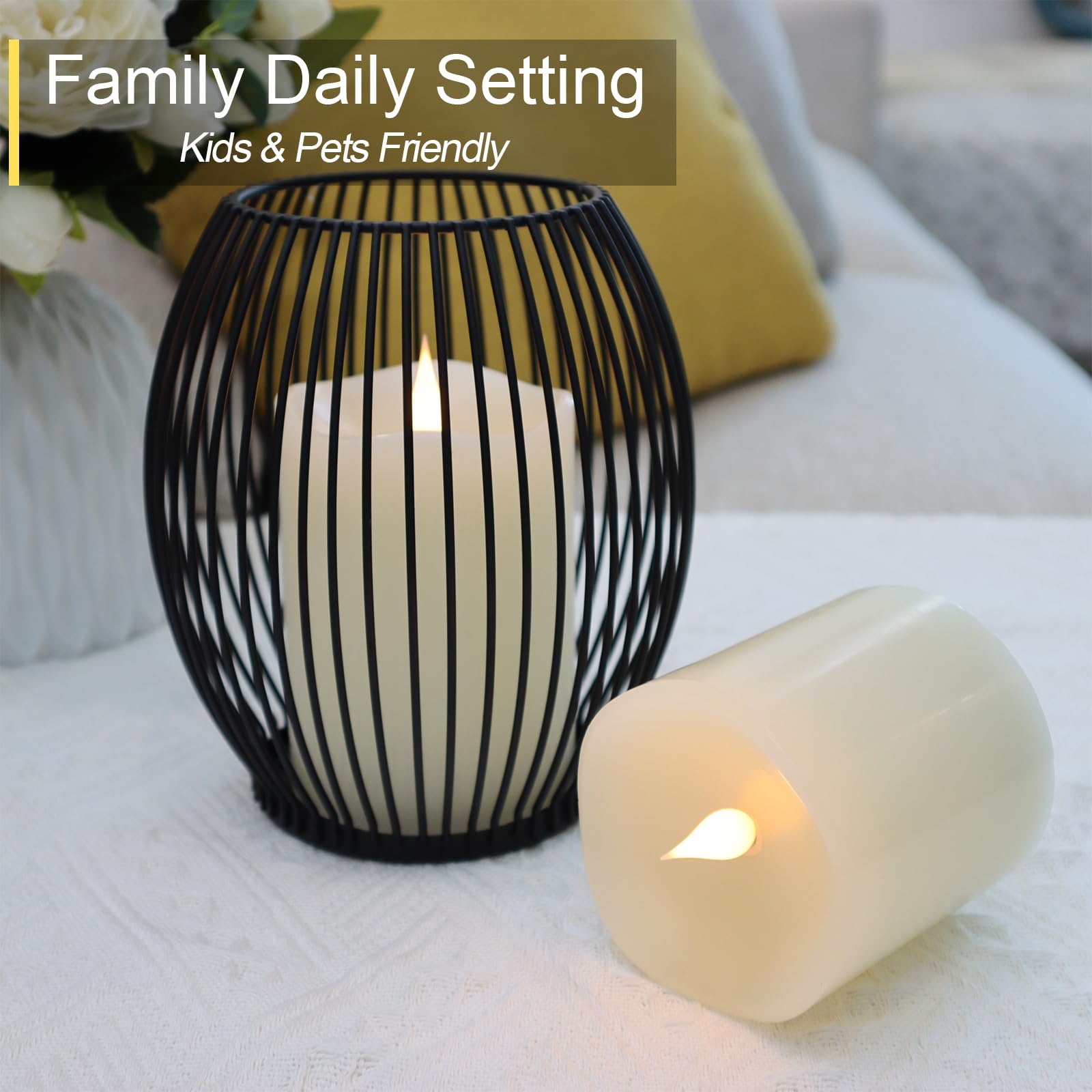 TECHLONG Flameless Candles Battery Operated with Remote Timer, 3D Moving Flame Flickering, Last 600+ Hours Battery Candles, 3" x 3" Ivory Real Wax Electric LED Candle for Wedding Party, Set of 2