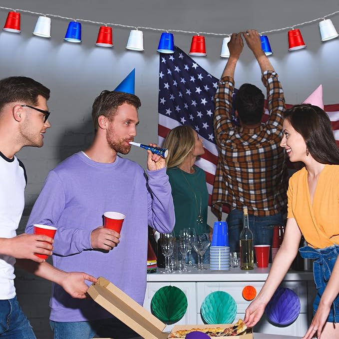 Hiboom Red White and Blue Cups Light, Christmas Shot Cups Fairy String Lights Battery Operated LED for 4th of July Independence Day Christmas Decor Memorial Day Bar Graduation RV Party(2 Pack)