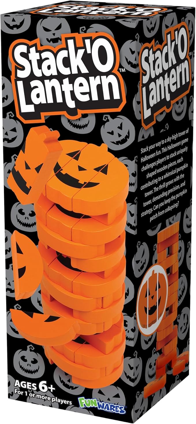 Funwares Stack 'O Lantern Pumpkin Stack-Up Wooden Blocks Stacking Game, Tumbling Tower, Family & Party Fun, Kids and Adults, Holiday Decoration, Ages 6+