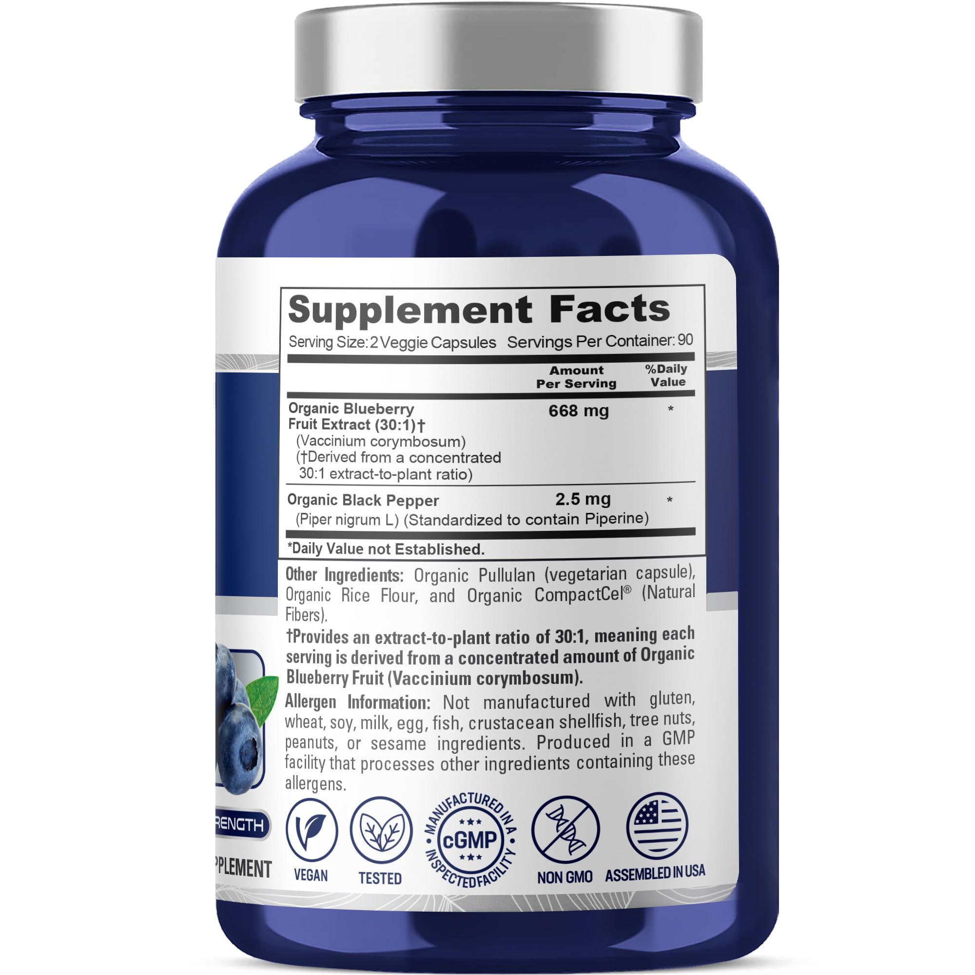 NusaPure Organic Blueberry Capsules, 668 mg, 180 Veg Capsules (Non-GMO, Vegan, USDA)