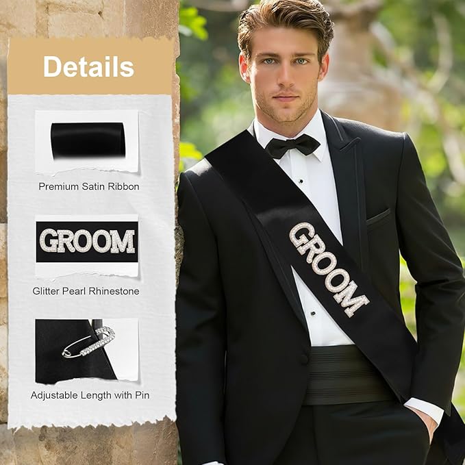Etercycle Groom Sash, Bachelor Party Sash Wedding Decorations, Glitter Black Groomie Satin Sash For Wedding Engagement Party Favors Groom Bridal Shower Gifts With Diamond Pin