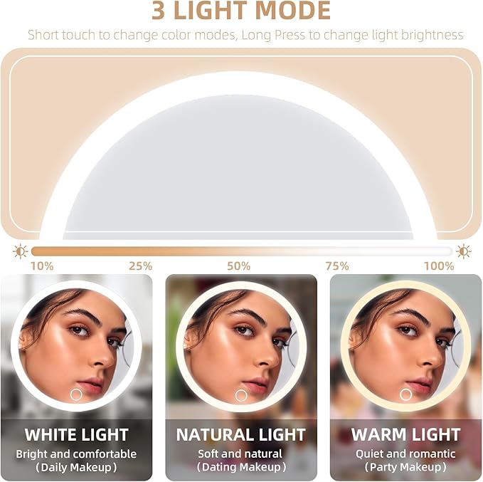 10x Magnifying Mirror with Light Large 6'' Lighted 10x Magnified Mirror with Suction Cups & Table Stand, 3 Color Modes Dimming High Magnification Travel Makeup Mirror with Tweezers & Scissors