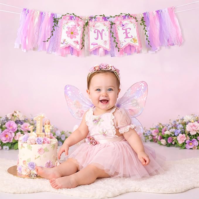 Fairy First Birthday High Chair Banner One High Chair Banner Girl Photo Backdrop Fairy First Birthday Decorations for Girl Wall Hanging Decorations for Kids Bedroom