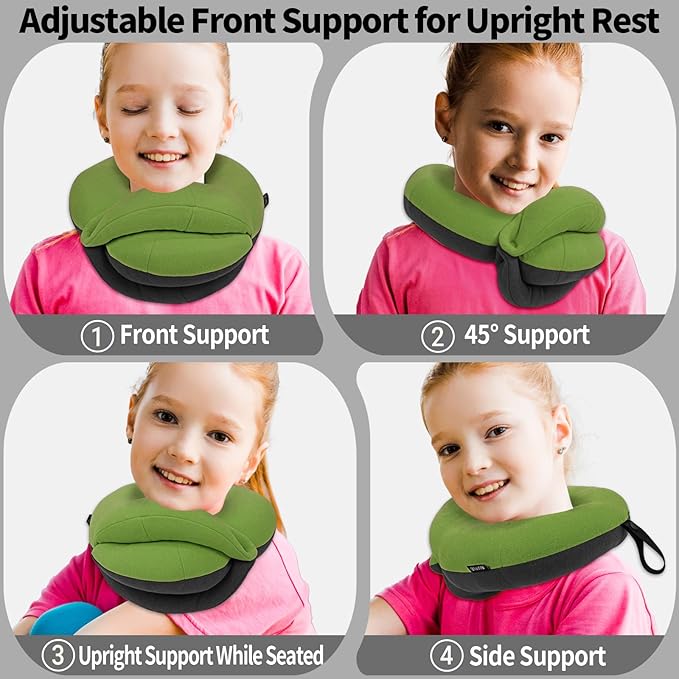 BUYUE Kids Travel Pillows for Airplane, 360° Head Support Sleeping Essentials for Boys Long Flight, Skin-Friendly Soft Neck Pillow for Traveling in Car Seat, (Small, Green Grey, 40-90 lbs)
