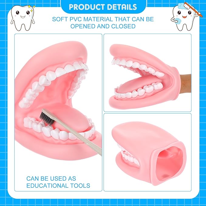 Patelai 1 Pcs Mouth Puppet with Tongue Teeth Mouth Hand Puppet Dental Model and Toothbrush for Boys Girls Educational Tools Speech Therapy (Pink)
