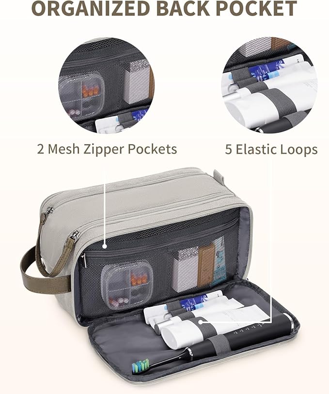 WANDF Toiletry Bag for Men Travel Toiletry Organizer Canvas and Leather Dopp Kit Water-Resistant Shaving Bag for Travel Accessories (Cream Beige, Large)
