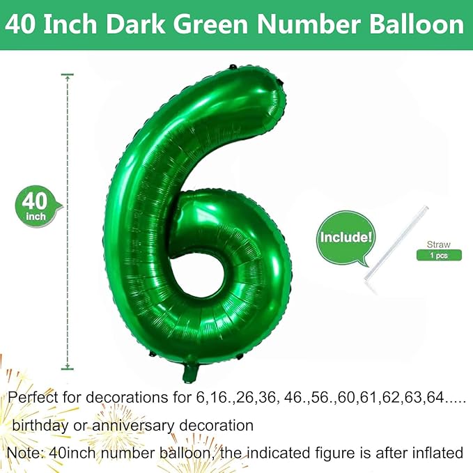 Green Number Balloons, 40 Inch Dark Green Balloon 6.6 Helium Balloon 6th Birthday for 6 Years Birthday Party Wedding Anniversary Decoration Children Girls Boys