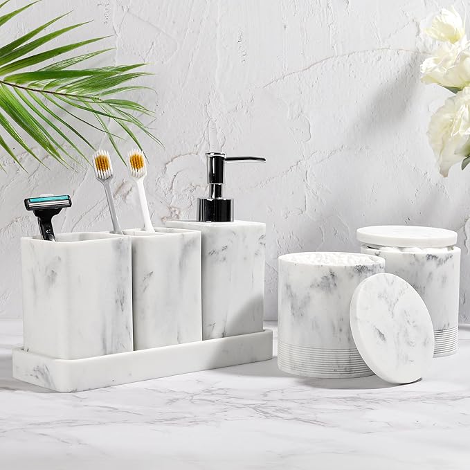 Bathroom Accessories Set, 6 Piece Bathroom Set with Toothbrush Holders, Soap Dispenser, Vanity Tray, Tumbler, Cotton Swab Jars, Bathroom Organizer，Bathroom Sink Sets, Artificial Marble White
