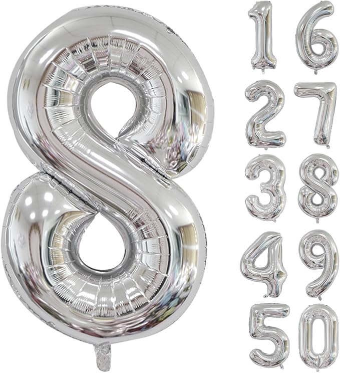 40 inch Silver Number Balloon Giant Foil Helium Balloons Silver Number 8 Balloon for 8th Birthday Party Anniversary Decorations Supplies