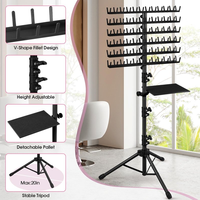 Klvied 144 Pegs Braiding Hair Rack Standing, Height Adjustable Hair Holder for Braiders with Accessory Tray & Carrying Bag, Heavy Duty Rolling Hair Organizer for Salon & Home (48.2"-62.9"), Black
