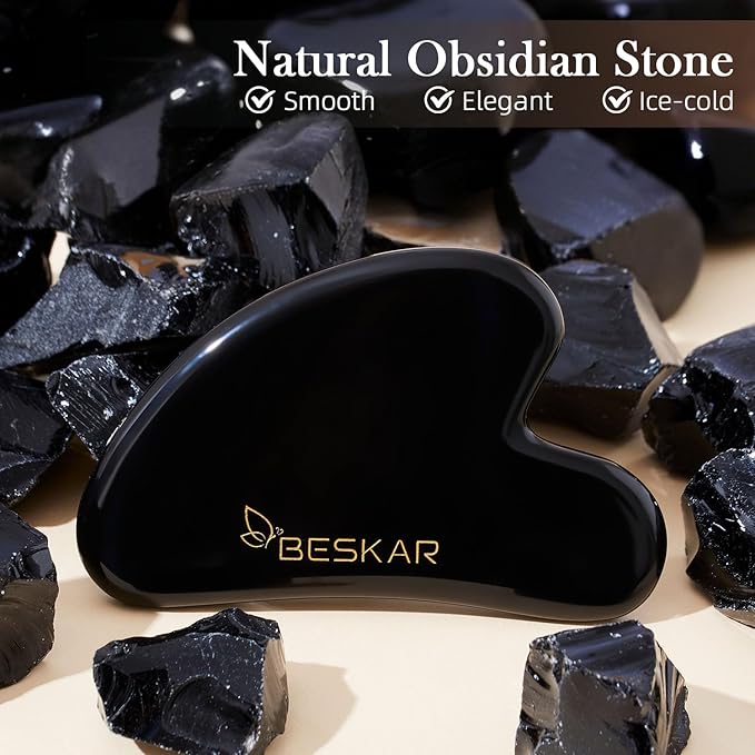 BESKAR Gua Sha Facial Tools, Natural Jade Stone Guasha Massager for Jawline Sculpting, Tighten Face Skin and Reduce Wrinkles, Face Eyes Body Neck Massage Tool, Skin Care Gift (Black)