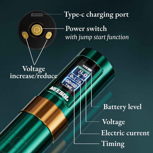 NEEBOL Wireless Tattoo Gun Rotary Tattoo Machine LED Display Screen High-end Tattoo Pen Equipment Supply 8 Hour Battery Life Extra Battery Permanent Tattoo Art Makeup Gift (Green)