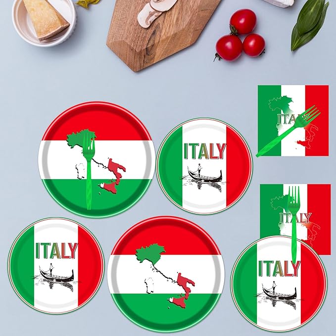 Rakuto Italian Party Tableware Set Supplies, Italian Flag Paper Plates and Napkins and Forks, Italian Party Decorations Red White and Green Italy Family Party Decor Serves 24
