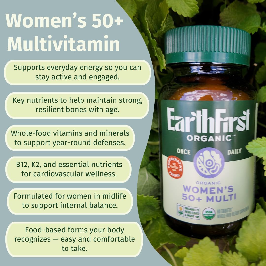 EarthFirst Organic Once Daily Multivitamin for Women 50+, Supports Bone Strength, Energy, and Heart Health, 30 Count