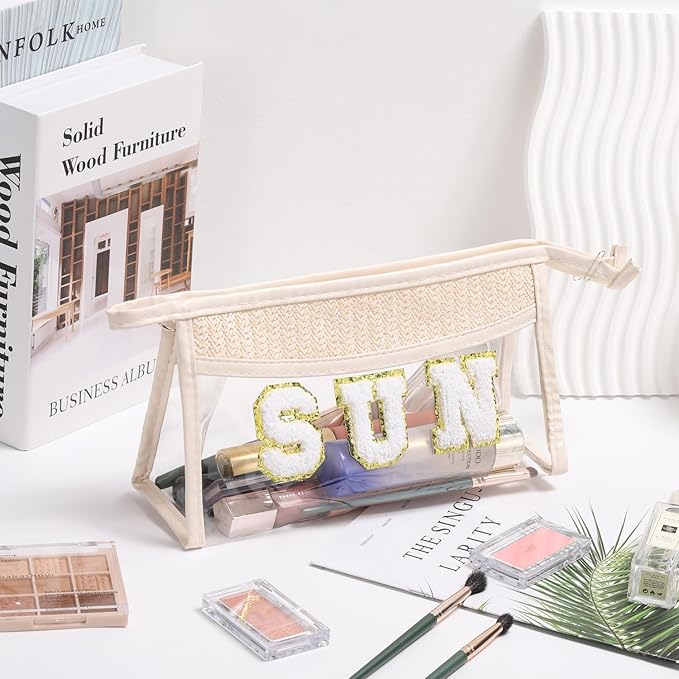 Etercycle Boho Patch SUN Cosmetic Bag, Transparent PVC Travel MakeUp Pouch Waterproof Toiletry Organizer, Small Chenille Varsity Letter Patch Bag Woven Makeup Bag