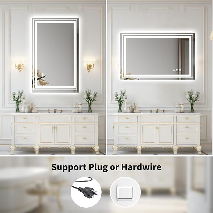 WTTY LED Bathroom Mirror 40"x30" with Back and Front Light,Modern LED Mirror for Bathroom,Stepless Dimmable Lighted Bathroom Vanity Mirror with Anti-Fog,Memory Function,Shatter-Proof