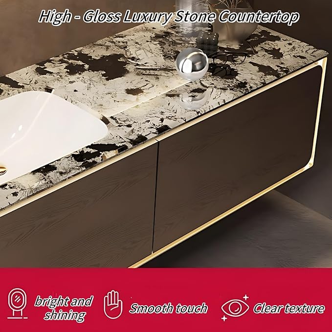 62IN Bathroom Vanity Set with a Single Sink - Embedded Sensor Light Strip & Large Capacity Floating Cabinet | Modern Bathroom Vanities with Defogging Mirror Surface & LED Lighting (Mirror Cabinet)