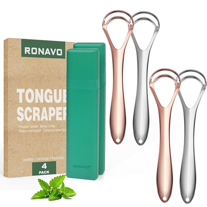 RONAVO Tongue Scraper for Adults (4 PC), New 2023 Tounge Scraper Dual Scraping Head with Travel Cases, Stainless Steel Tongue Cleaner Fresh Breath, Oral Care, 2 Colors