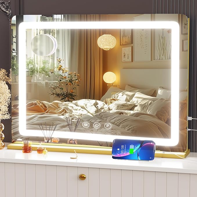 Makeup Vanity Mirror with Lights 20" L x 26" W Large LED Makeup Mirror, Light up Mirror with 10X Magnification and USB Charging Port, Dimmable 3 Modes, Touch Screen Control Gold